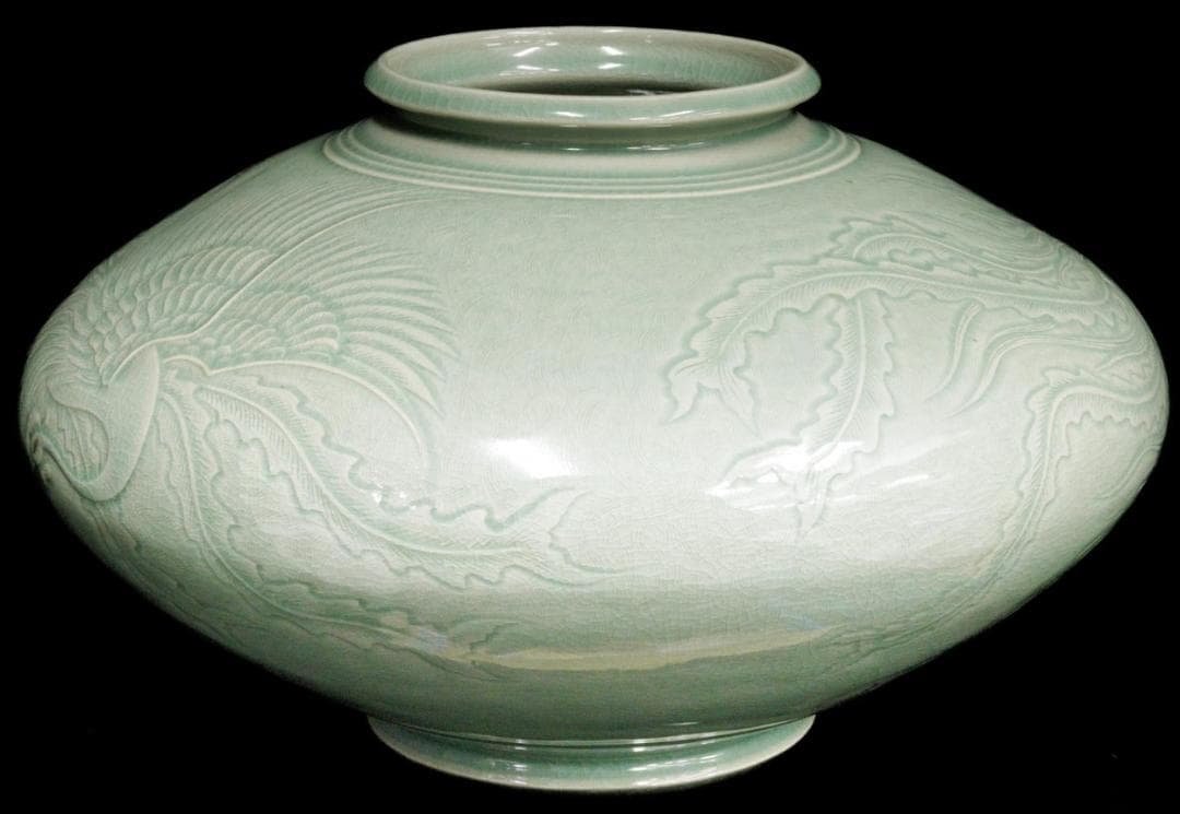 初代柳海剛 高麗青磁 透彫鳳凰図平壺