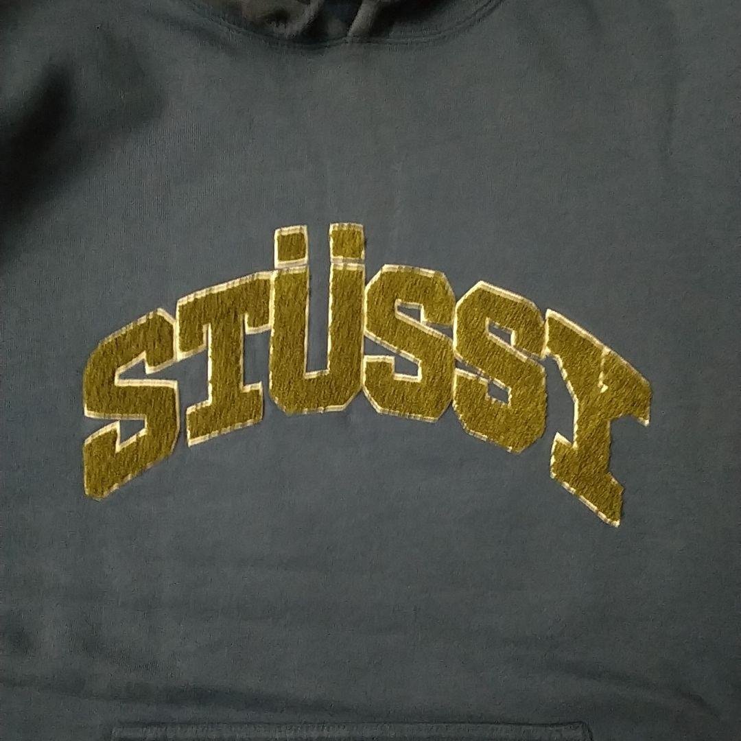 希少カラー☆ステューシー 刺繍 パイルロゴ アーチロゴ パーカー M～L相当 紺