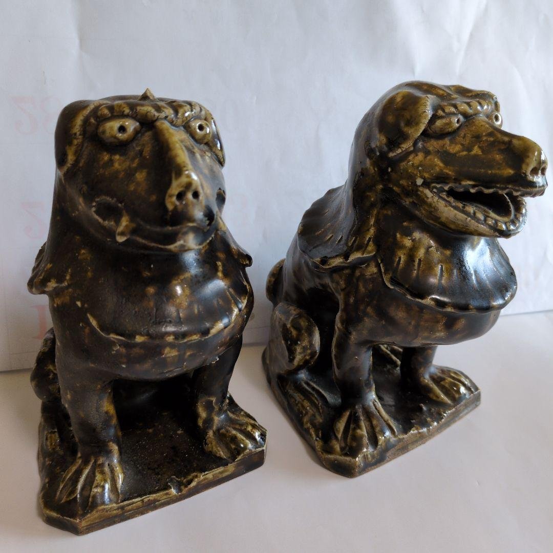 黒織部 　狛犬　阿吽像 　一対　骨董