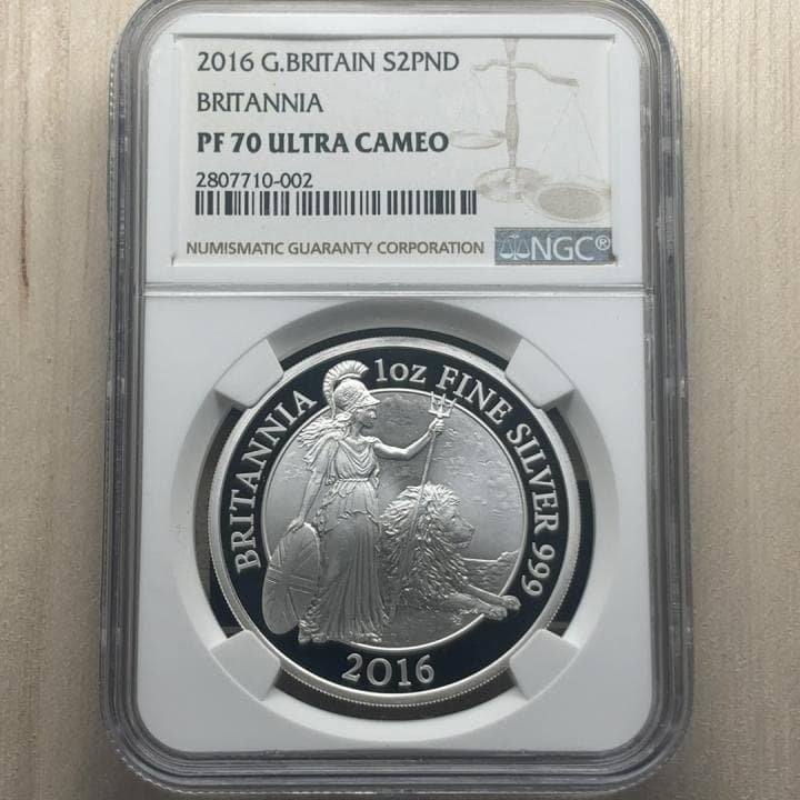 2016年 イギリス ブリタニア ライオン 2ポンド 銀貨 PF70 UC