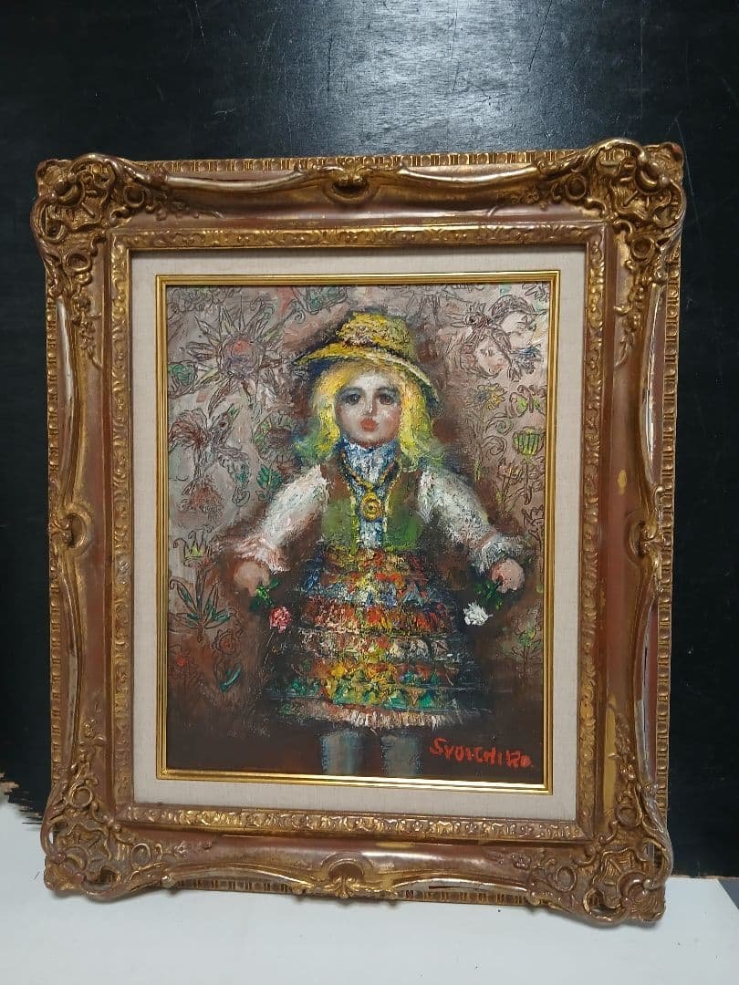 油彩画　人形　F6号『竹中　尚一郞』作者　・額サイズ495×590 ゴールド