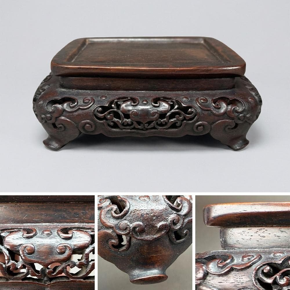 【木】　★ 竹木 紫檀彫扁六方形底座 ★　清朝期　如意雲足 細工彫刻　文房珍玩